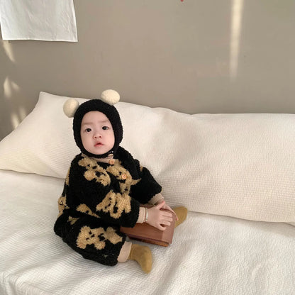 -ベビーアウタージャンプスーツ クマベアプリント ボアフリース長袖ロンパース 2カラー ユニセックス 男の子 女の子 子供服【mh0003332】 - mamahalo shop - アウタージャンプスーツ -  べビー服 - 子供服 - 男の子 - 女の子