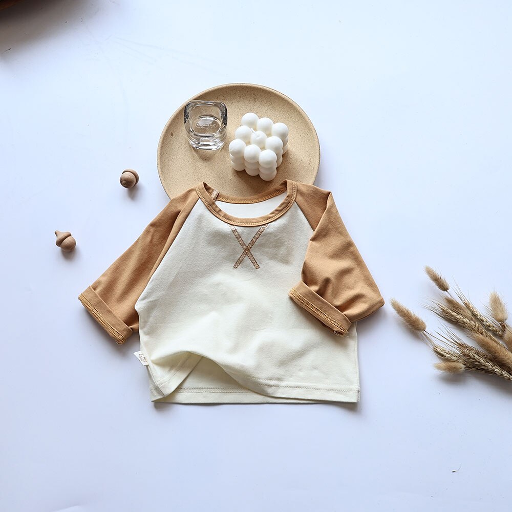 -ベビー シンプル ベーシック パッチワーク ラグラン 長袖 Tシャツ トップス ボーイズ - mamahalo shop - 長袖Tシャツ -  べビー服 - 子供服 - 男の子 - 女の子