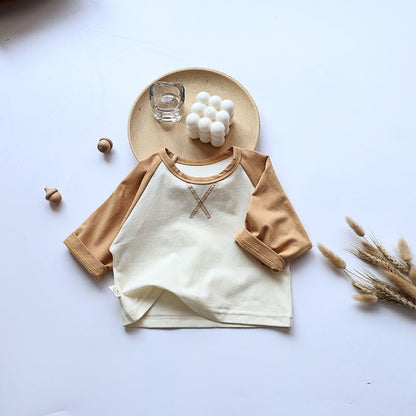 -ベビー シンプル ベーシック パッチワーク ラグラン 長袖 Tシャツ トップス ボーイズ - mamahalo shop - 長袖Tシャツ -  べビー服 - 子供服 - 男の子 - 女の子