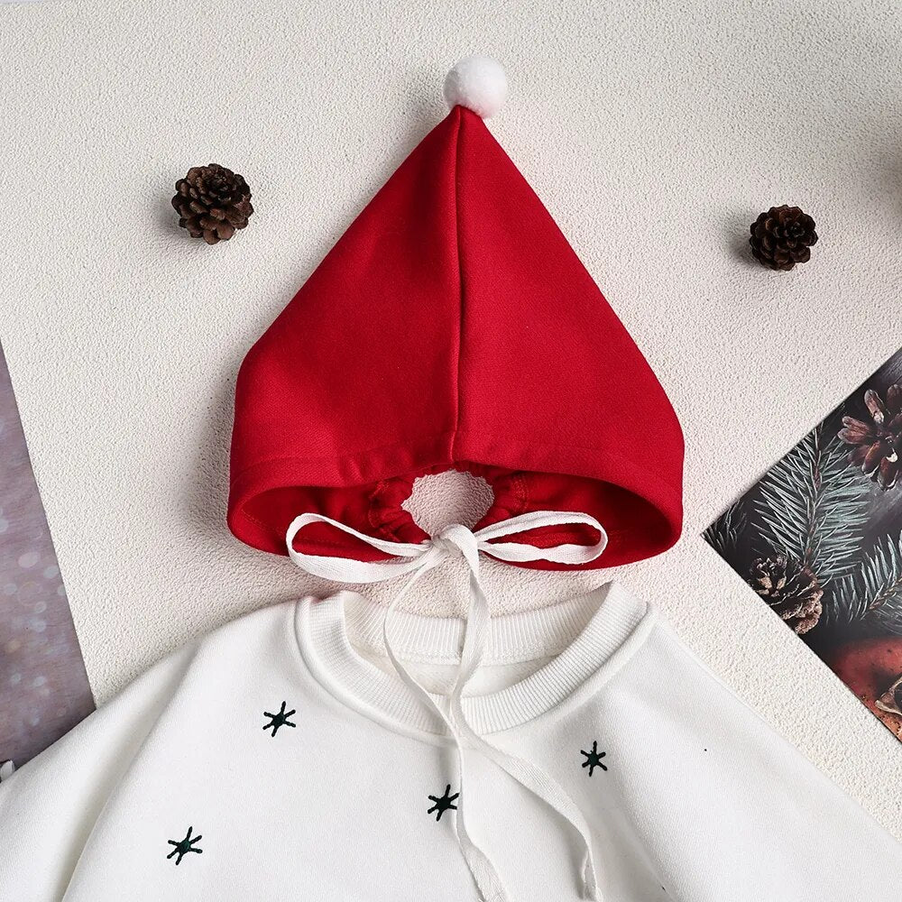 -ベビー長袖ロンパース とんがり帽子セット クリスマス コスチューム 裏フリース もみの木 クリスマスツリープリント ホワイト ユニセックス 男の子 女の子 子供服 - mamahalo shop - 長袖ロンパース -  べビー服 - 子供服 - 男の子 - 女の子