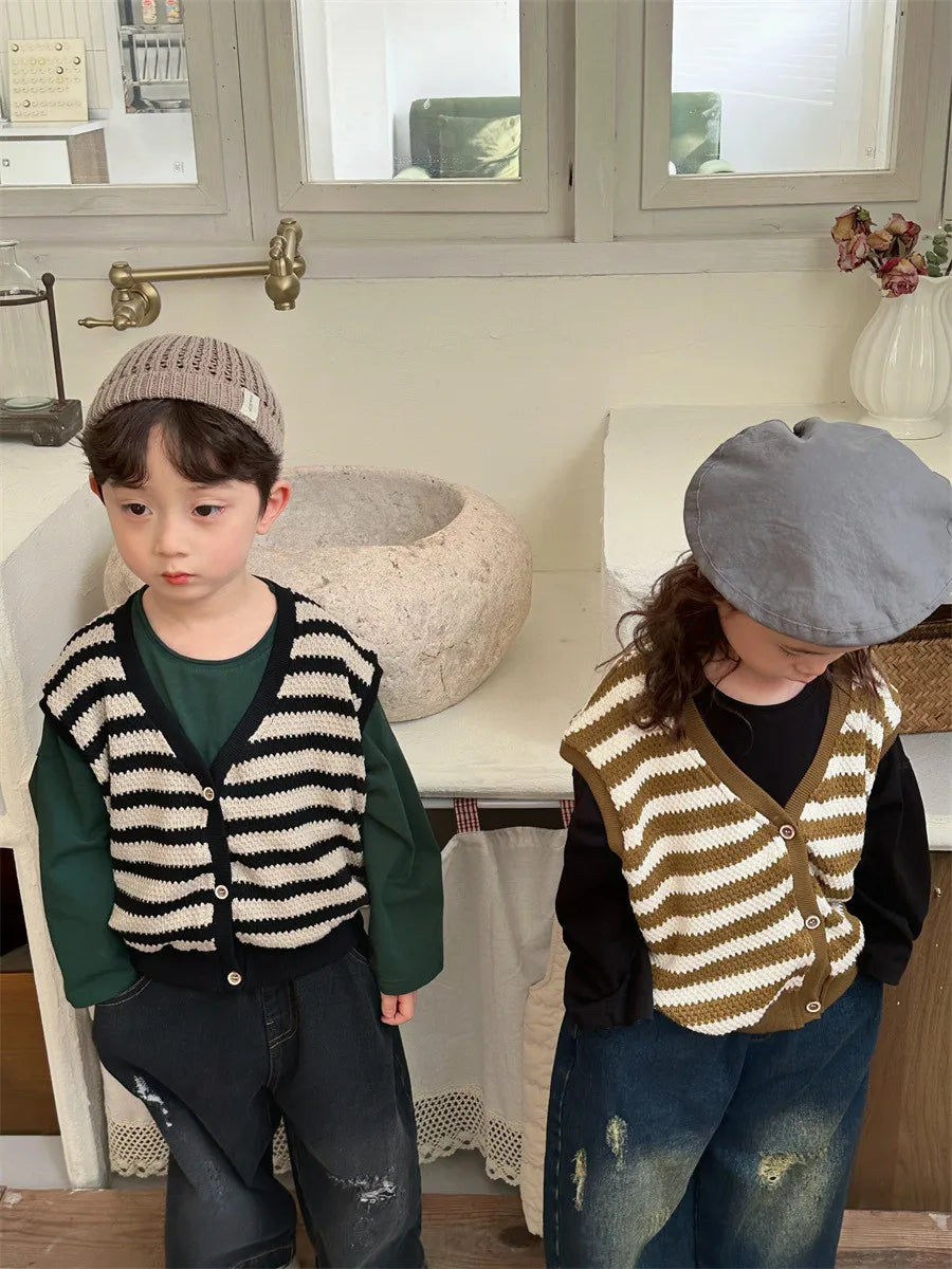 -キッズベスト ボーダー柄ニットベスト イエロー/ブラック/2カラー - mamahalo shop - ベスト -  べビー服 - 子供服 - 男の子 - 女の子