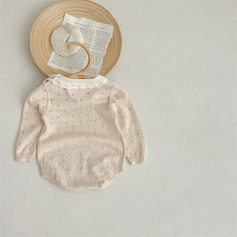 -ベビーロンパース レースニット 長袖ロンパース ベージュ - mamahalo shop - 長袖ロンパース -  べビー服 - 子供服 - 男の子 - 女の子