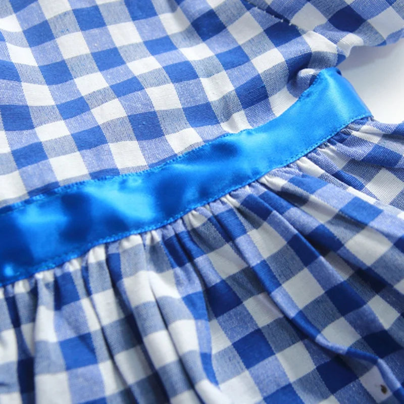 -キッズワンピース 半袖パフスリーブ チェック ブルー【mh0006041】 - mamahalo shop - 半袖ワンピース -  べビー服 - 子供服 - 男の子 - 女の子