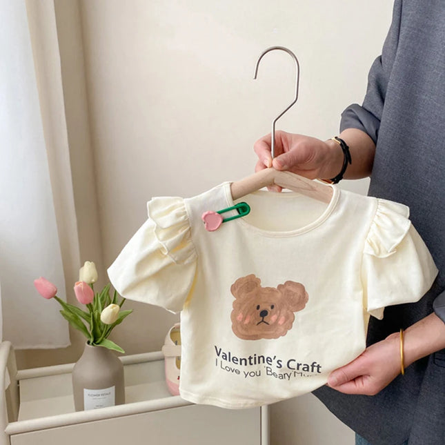 キッズトップス 半袖パフスリーブフリルTシャツ ベアくまプリント ベージュ - mamahalo shop - 半袖Tシャツ - ベビー服 - 子供服 - 男の子 - 女の子