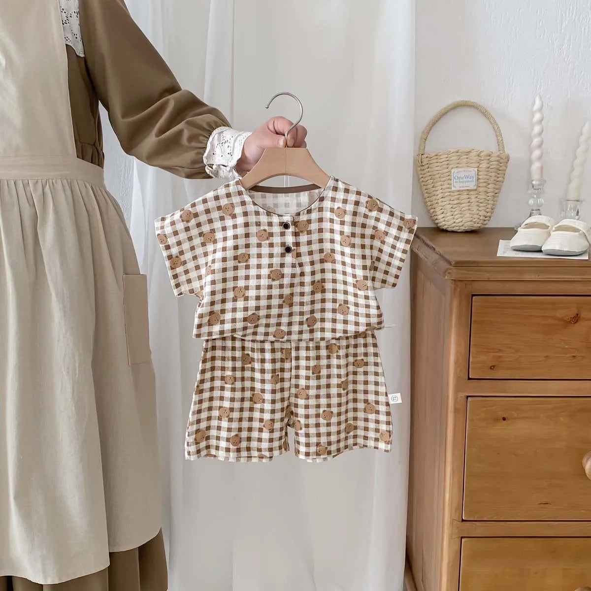 -ベビーセットアップ 2点セット/ワンピース 半袖Tシャツ+ショートパンツ/ノースリーブワンピース ベアくまチェック リンクコーデ 兄弟姉妹 お揃いコーデ【mh0006269】 - mamahalo shop - 半袖セットアップ -  べビー服 - 子供服 - 男の子 - 女の子