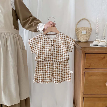 -ベビーセットアップ 2点セット/ワンピース 半袖Tシャツ+ショートパンツ/ノースリーブワンピース ベアくまチェック リンクコーデ 兄弟姉妹 お揃いコーデ【mh0006269】 - mamahalo shop - 半袖セットアップ -  べビー服 - 子供服 - 男の子 - 女の子