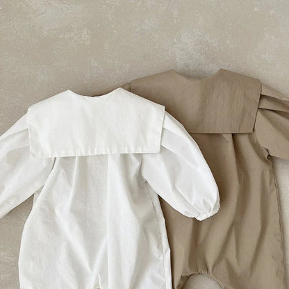 -ベビーロンパース 長袖ジャンプスーツ 三角襟 シャツロンパース ホワイト ブラウン 2カラー - mamahalo shop - 長袖ロンパース -  べビー服 - 子供服 - 男の子 - 女の子