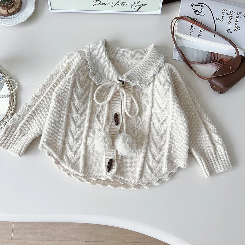 -キッズカーディガン ぽんぽんリボン襟付きニットケープジャケット 2カラー【mh0006937】 - mamahalo shop - カーディガン・パーカー -  べビー服 - 子供服 - 男の子 - 女の子