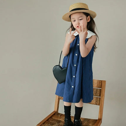 ☺︎ キッズワンピース 襟付きストライプ ノースリーブワンピース ブルー - mamahalo shop - ノースリーブワンピース -  べビー服 - 子供服 - 男の子 - 女の子