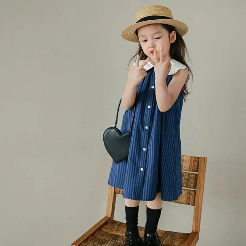 -キッズワンピース 襟付きストライプ ノースリーブワンピース ブルー【mh0005957】 - mamahalo shop - ノースリーブワンピース -  べビー服 - 子供服 - 男の子 - 女の子