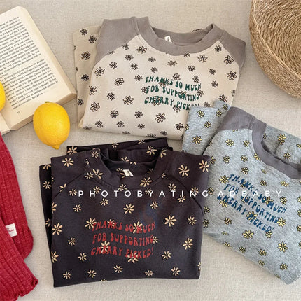 キッズトップス レトロフラワープリントラグランパッチワーク長袖Tシャツ - mamahalo shop - 長袖Tシャツ -  べビー服 - 子供服 - 男の子 - 女の子