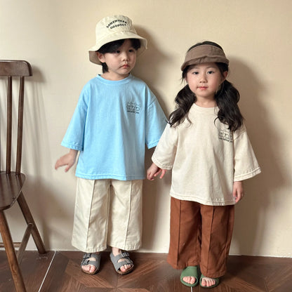 -キッズパンツ センタータック シンプルベーシック ルーズパンツ ベージュホワイト/コーヒー/2カラー - mamahalo shop - ロングパンツ・スウェットパンツ -  べビー服 - 子供服 - 男の子 - 女の子