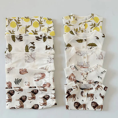 -キッズセットアップ 2点セット ヘンリーネック 半袖Tシャツ+ショートパンツ ルームウェア アニマルプリント【mh0006510】 - mamahalo shop - 半袖セットアップ -  べビー服 - 子供服 - 男の子 - 女の子