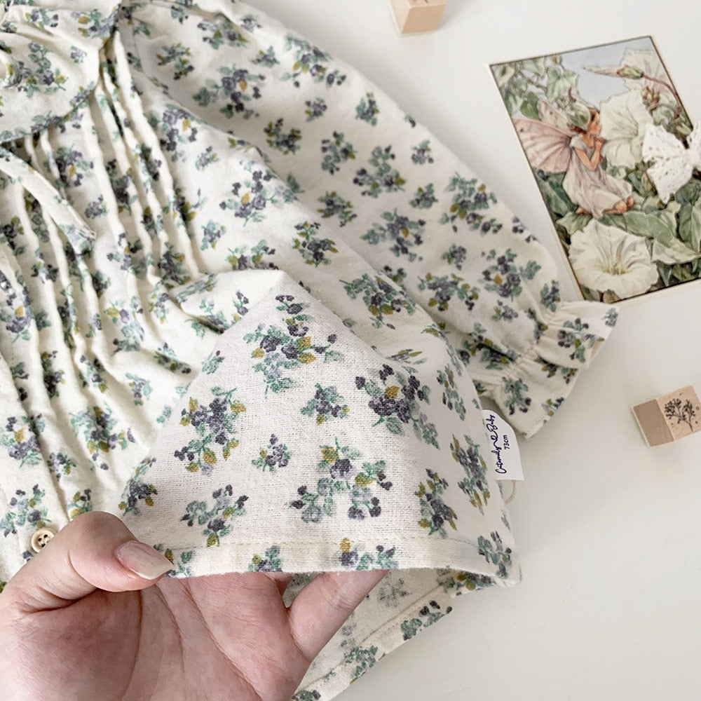 -ベビー キッズ フリル フラワー 花柄 ピンタック 長袖 チュニック ブラウス シャツ ガールズ - mamahalo shop - 長袖シャツ・ブラウス -  べビー服 - 子供服 - 男の子 - 女の子