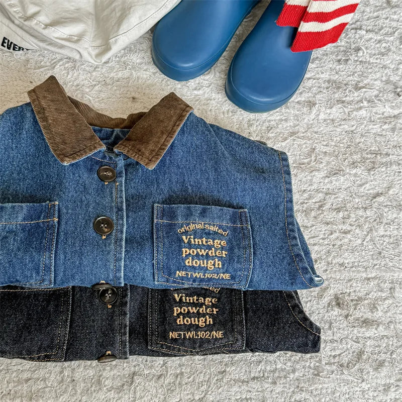 -キッズベスト デニムベスト 襟付き前あき ノースリーブジャケット 2カラー - mamahalo shop - ベスト -  べビー服 - 子供服 - 男の子 - 女の子