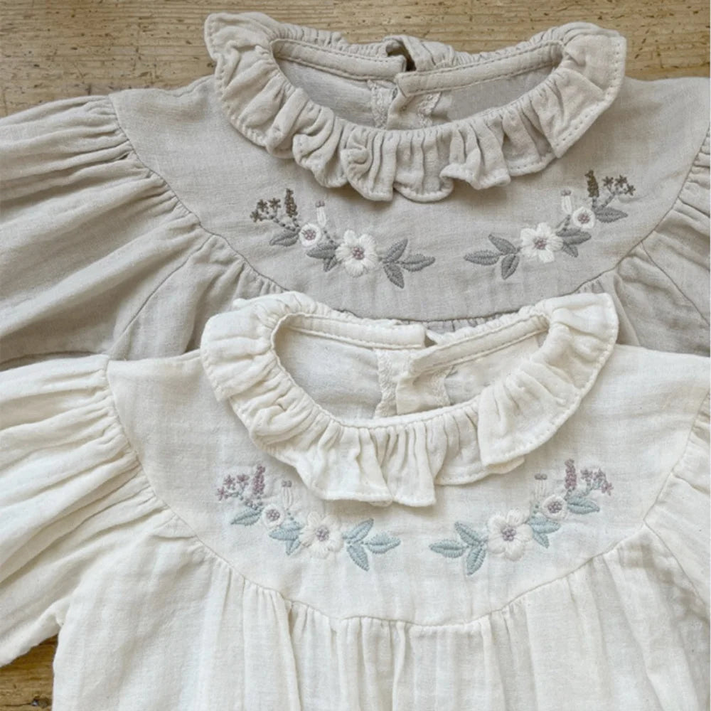 -ベビートップス 長袖ブラウス フラワー花柄刺繍 ライトグレー ベージュ 2カラー - mamahalo shop - 長袖シャツ・ブラウス -  べビー服 - 子供服 - 男の子 - 女の子