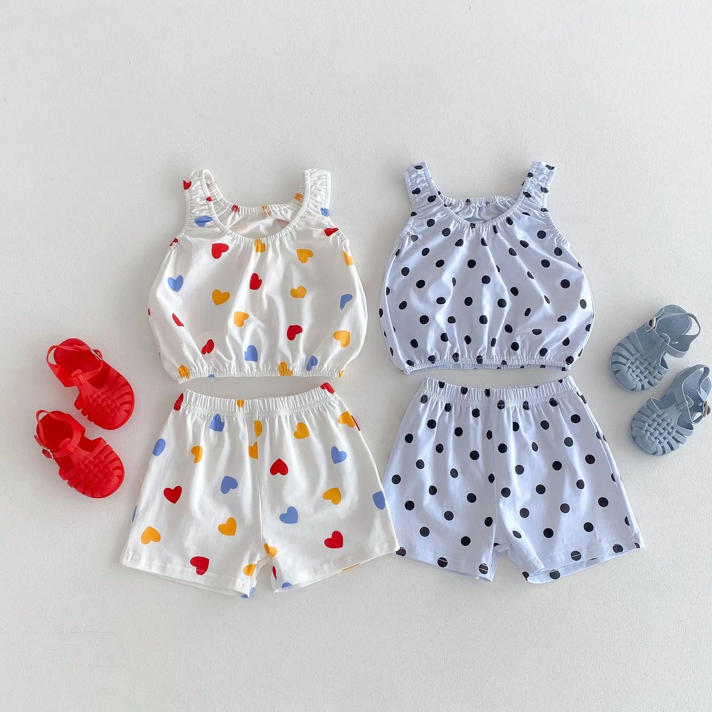 -キッズセットアップ 2点セット キャミソールトップス+ショートパンツ カラフルハート/水玉ドットプリント【mh0005389】 - mamahalo shop - ノースリーブセットアップ -  べビー服 - 子供服 - 男の子 - 女の子