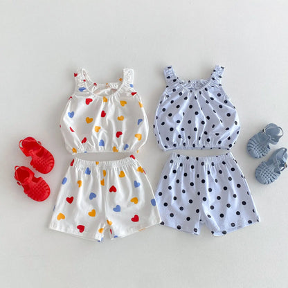 -キッズセットアップ 2点セット キャミソールトップス+ショートパンツ カラフルハート/水玉ドットプリント【mh0005389】 - mamahalo shop - ノースリーブセットアップ -  べビー服 - 子供服 - 男の子 - 女の子