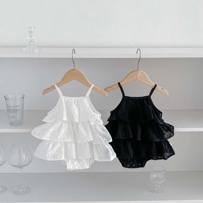 -ベビーロンパース キャミソールボディスーツ 刺繍レース ティアードフリル 2カラー - mamahalo shop - ノースリーブロンパース -  べビー服 - 子供服 - 男の子 - 女の子