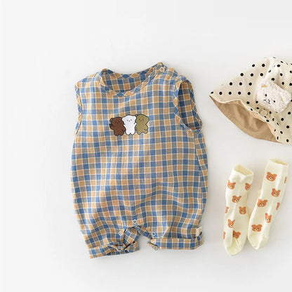 -ベビージャンプスーツ ノースリーブチェックボディスーツ ベアくまプリント【mh0006261】 - mamahalo shop - ノースリーブジャンプスーツ -  べビー服 - 子供服 - 男の子 - 女の子