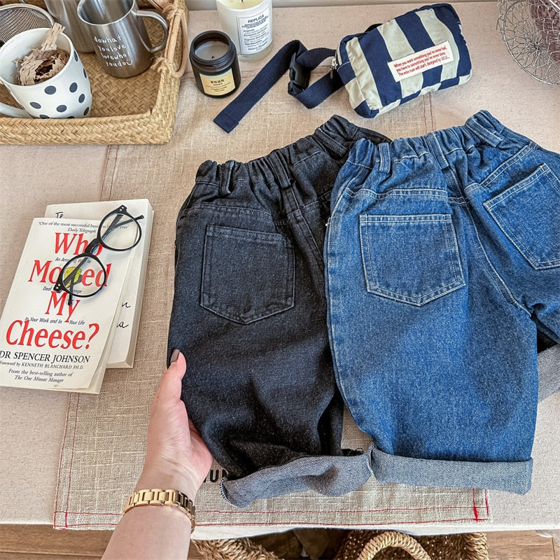 -キッズ デニム レターロゴ 象 刺繍 ルーズ パンツ ジーンズ ジーパン ボーイズ - mamahalo shop - デニムパンツ -  べビー服 - 子供服 - 男の子 - 女の子