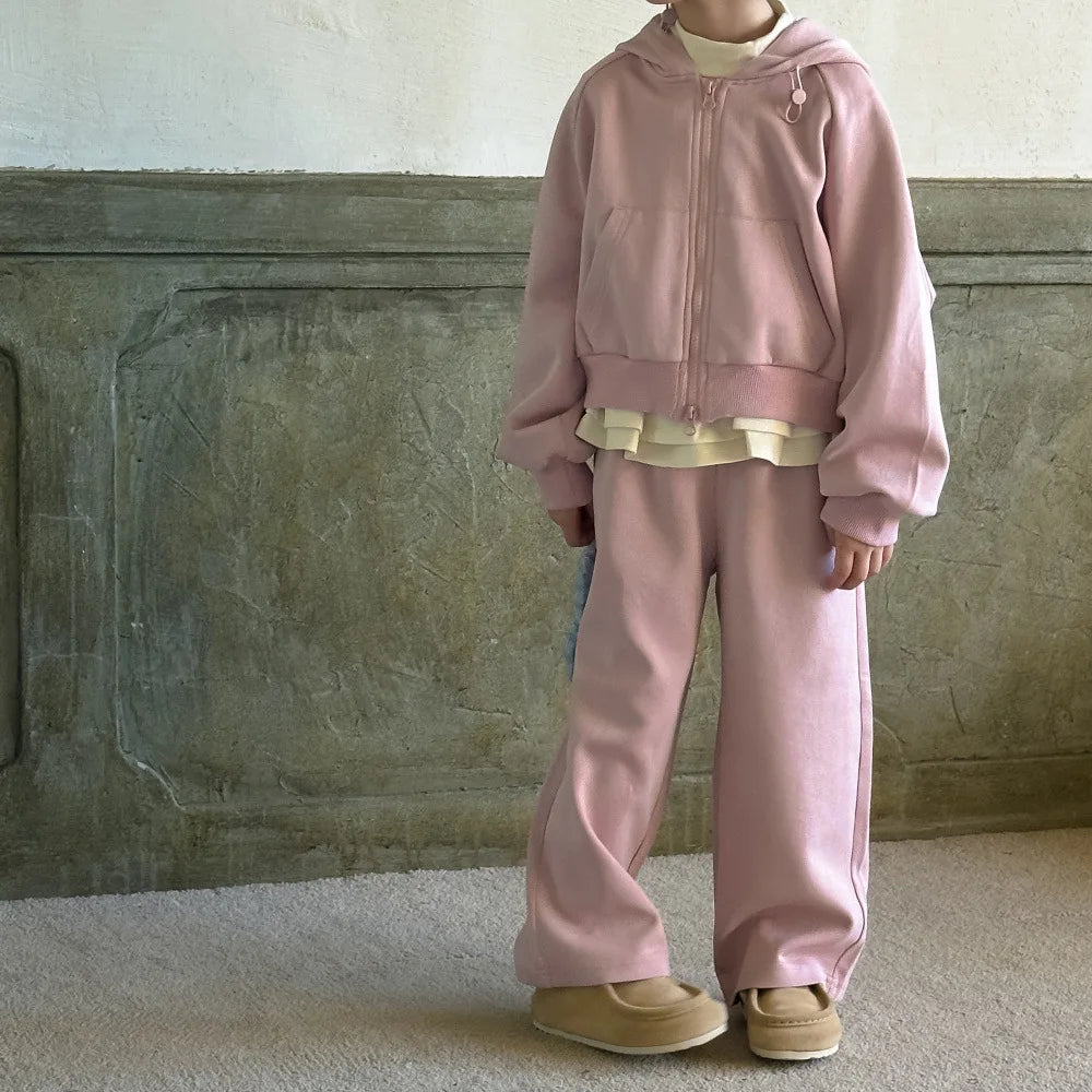 -キッズセットアップ 2点セット ペプラムフリルドッキングフーディジッパー長袖スウェットパーカー+スウェットロングパンツ ピンク【mh0007344】 - mamahalo shop - 長袖セットアップ -  べビー服 - 子供服 - 男の子 - 女の子