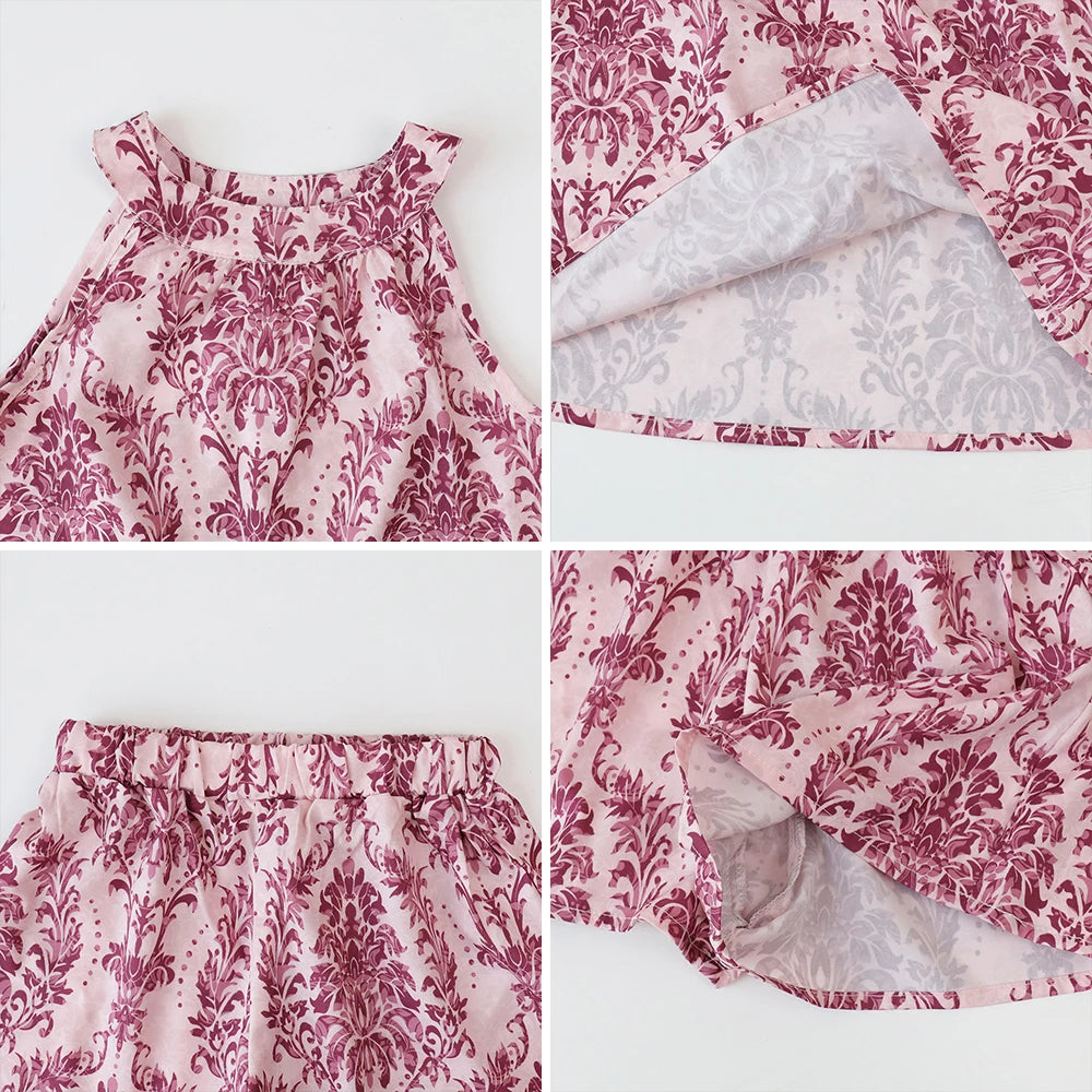 -☺︎ キッズセットアップ 2点セット ホルターネックチュニックブラウス+ショートパンツ アラベスク柄 2カラー - mamahalo shop - ノースリーブセットアップ -  べビー服 - 子供服 - 男の子 - 女の子