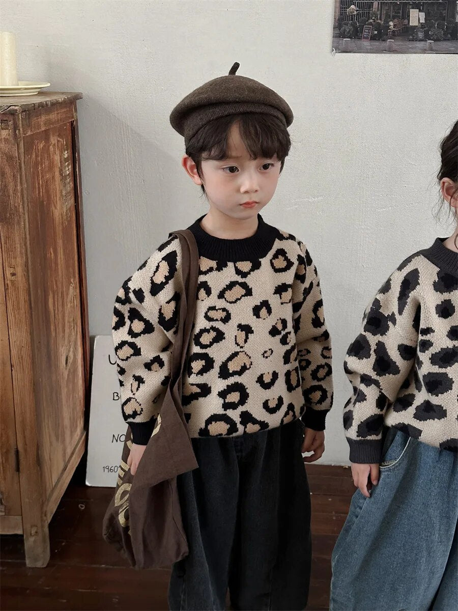 -キッズセーター レオパード柄 ヒョウ柄 ニット プルオーバートップス ブラック ベージュ 2カラー ユニセックス 男の子 女の子 子供服 - mamahalo shop - ニット・セーター -  べビー服 - 子供服 - 男の子 - 女の子