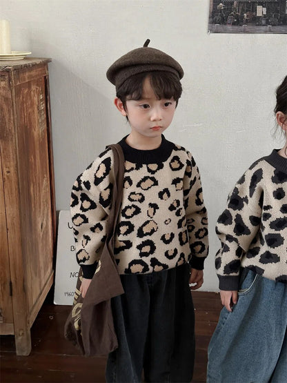 -キッズセーター レオパード柄 ヒョウ柄 ニット プルオーバートップス ブラック ベージュ 2カラー ユニセックス 男の子 女の子 子供服 - mamahalo shop - ニット・セーター -  べビー服 - 子供服 - 男の子 - 女の子