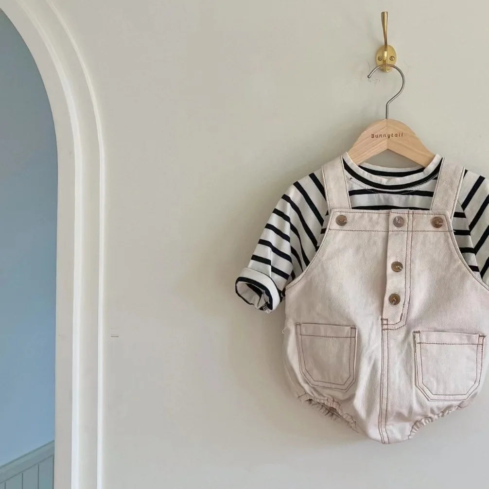 -ベビーロンパース デニムオーバーオール サスペンダーボディスーツ フロントボタン 2カラー【mh0006070】 - mamahalo shop - ノースリーブロンパース -  べビー服 - 子供服 - 男の子 - 女の子