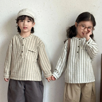 キッズトップス ストライプノーカラー長袖シャツ - mamahalo shop - 長袖シャツ・ブラウス -  べビー服 - 子供服 - 男の子 - 女の子