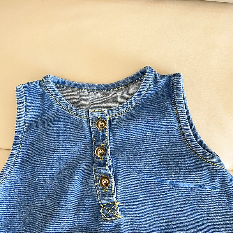 -ベビージャンプスーツ デニム ノースリーブボディスーツ つなぎ【mh0006061】 - mamahalo shop - ノースリーブジャンプスーツ -  べビー服 - 子供服 - 男の子 - 女の子