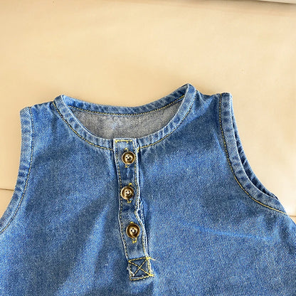 -ベビージャンプスーツ デニム ノースリーブボディスーツ つなぎ【mh0006061】 - mamahalo shop - ノースリーブジャンプスーツ -  べビー服 - 子供服 - 男の子 - 女の子
