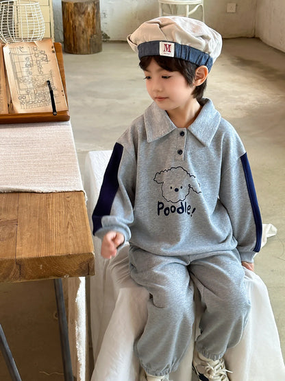 -キッズセットアップ 2点セット 長袖犬プリントポロシャツ+ロングパンツ グレー【mh0006904】 - mamahalo shop - 長袖セットアップ -  べビー服 - 子供服 - 男の子 - 女の子