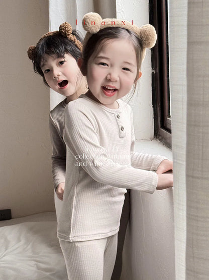 -キッズパジャマセット リブ 長袖ヘンリーネックTシャツ+ロングパンツ シンプルベーシック 5カラー【mh0006360】 - mamahalo shop - 長袖パジャマ -  べビー服 - 子供服 - 男の子 - 女の子