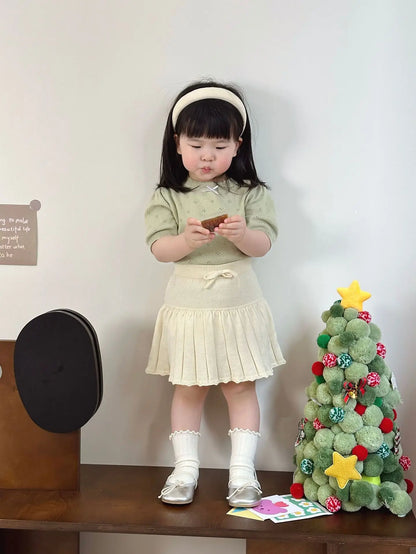 -ベビーキッズトップス レースニット 半袖パフスリーブ サマーセーター リボン 3カラー - mamahalo shop - 半袖Tシャツ -  べビー服 - 子供服 - 男の子 - 女の子