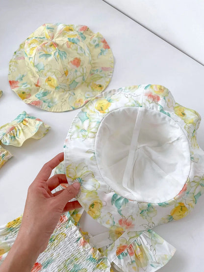 -ベビーロンパース ノースリーブシャーリングボディスーツ＋帽子セット フラワー花柄プリント【mh0005107】 - mamahalo shop - ノースリーブロンパース -  べビー服 - 子供服 - 男の子 - 女の子