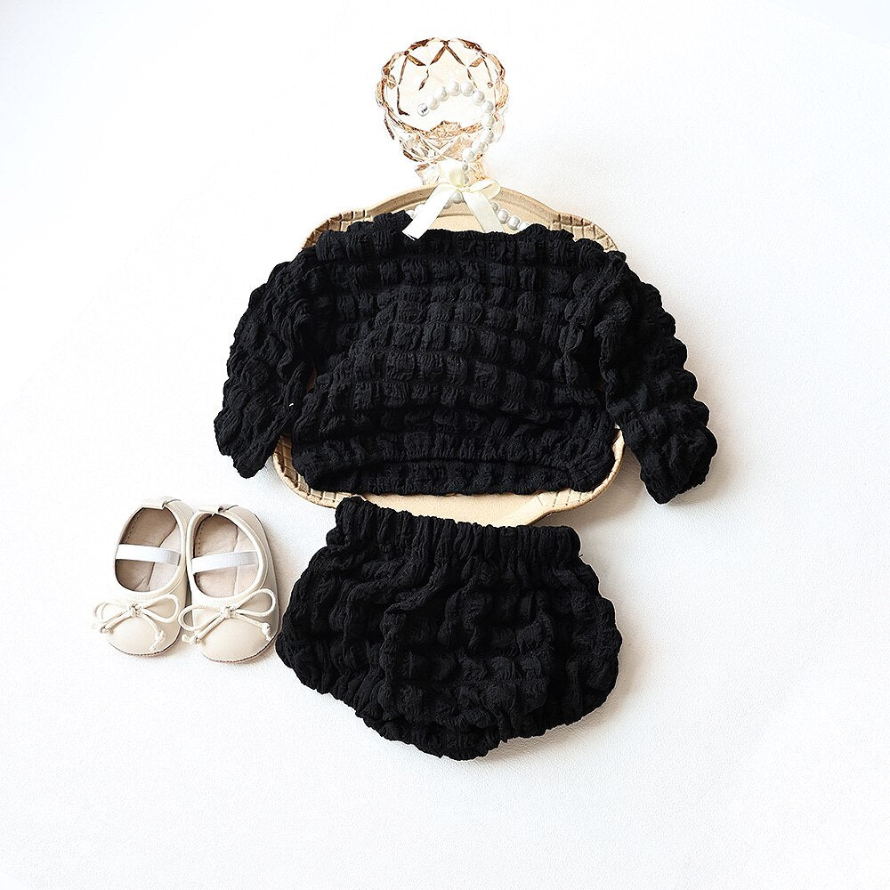 -ベビー ポップコーン セットアップ 長袖 トップス ブルマパンツ ベージュ ブラック レース フリル エプロン ドレス ガールズ - mamahalo shop - 長袖セットアップ -  べビー服 - 子供服 - 男の子 - 女の子