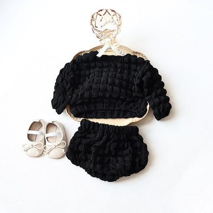 -ベビー ポップコーン セットアップ 長袖 トップス ブルマパンツ ベージュ ブラック レース フリル エプロン ドレス ガールズ - mamahalo shop - 長袖セットアップ -  べビー服 - 子供服 - 男の子 - 女の子