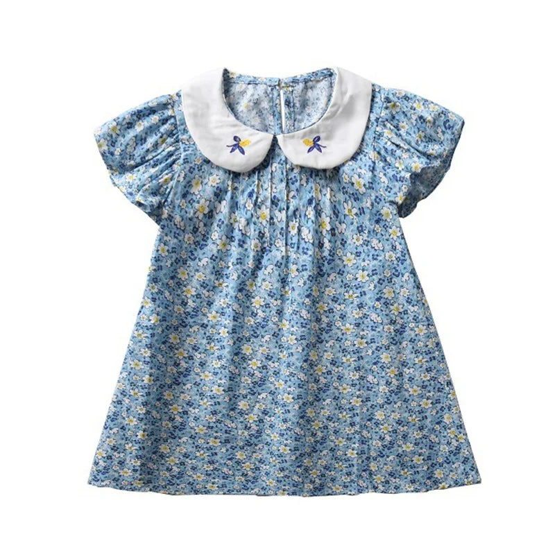 -キッズワンピース 半袖フライングスリーブワンピース 丸襟 フラワー花柄プリント 刺繍 ブルー【mh0006049】 - mamahalo shop - 半袖ワンピース -  べビー服 - 子供服 - 男の子 - 女の子