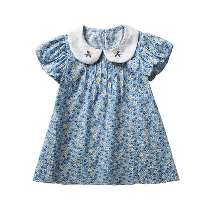 -キッズワンピース 半袖フライングスリーブワンピース 丸襟 フラワー花柄プリント 刺繍 ブルー【mh0006049】 - mamahalo shop - 半袖ワンピース -  べビー服 - 子供服 - 男の子 - 女の子