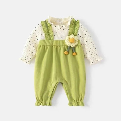 -ベビーロンパース 長袖ドッキングジャンプスーツ 水玉ドット フラワーアップリケ【mh0006448】 - mamahalo shop - 長袖ロンパース -  べビー服 - 子供服 - 男の子 - 女の子