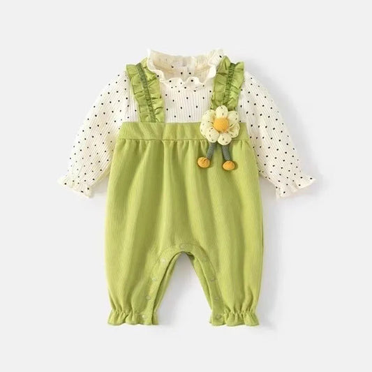 -ベビーロンパース 長袖ドッキングジャンプスーツ 水玉ドット フラワーアップリケ【mh0006448】 - mamahalo shop - 長袖ロンパース -  べビー服 - 子供服 - 男の子 - 女の子