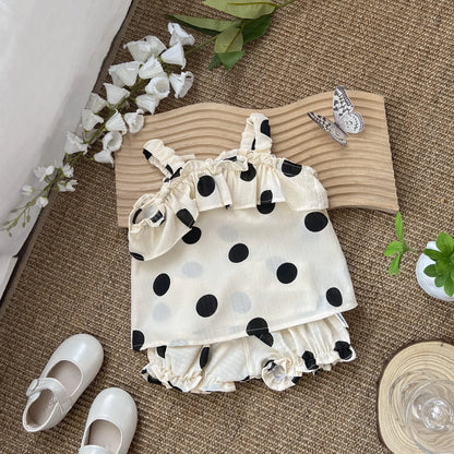 -ベビーセットアップ 2点セット キャミソールチュニックブラウス+フリルショートパンツ 水玉コインドットプリント 2カラー【mh0006198】 - mamahalo shop - ノースリーブセットアップ -  べビー服 - 子供服 - 男の子 - 女の子