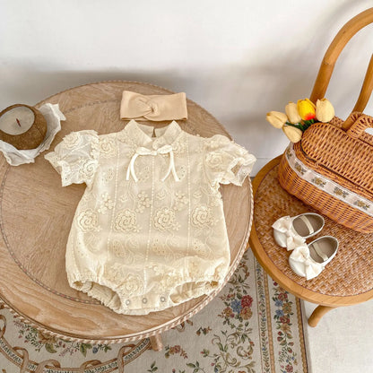 -ベビーロンパース 半袖チャイナドレスボディスーツ フリルレース アプリコット【mh0005539】 - mamahalo shop - 半袖ロンパース -  べビー服 - 子供服 - 男の子 - 女の子