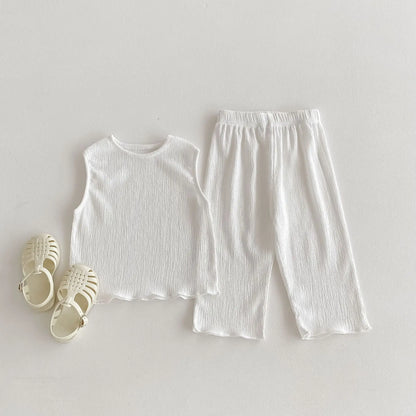 -キッズセットアップ 2点セット ノースリーブシャツ+ワイドルーズロングパンツ 無地 3カラー【mh0005573】 - mamahalo shop - ノースリーブセットアップ -  べビー服 - 子供服 - 男の子 - 女の子