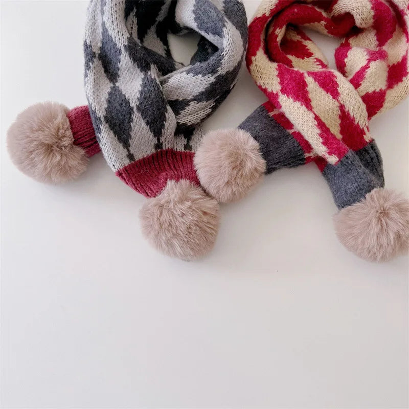 -キッズマフラー ぽんぽん付きネックウォーマー アーガイルチェック ユニセックス 男の子 女の子 子供服【mh0003397】 - mamahalo shop - ネックウォーマー -  べビー服 - 子供服 - 男の子 - 女の子