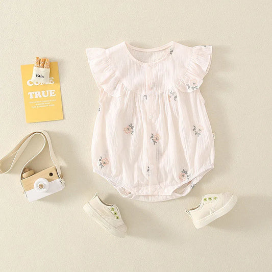 -ベビーロンパース 半袖フリルスリーブボディスーツ ナチュラルフラワープリント ピンク【mh0005769】 - mamahalo shop - 半袖ロンパース -  べビー服 - 子供服 - 男の子 - 女の子