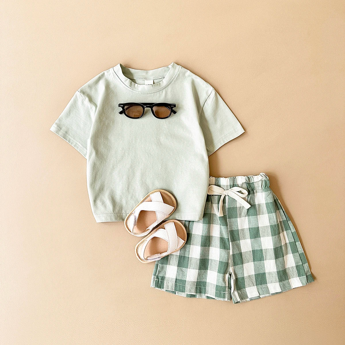 -ベビーセットアップ 2点セット 半袖プリントTシャツ+チェックショートパンツ ダイナソー恐竜プリント【mh0005634】 - mamahalo shop - 半袖セットアップ -  べビー服 - 子供服 - 男の子 - 女の子