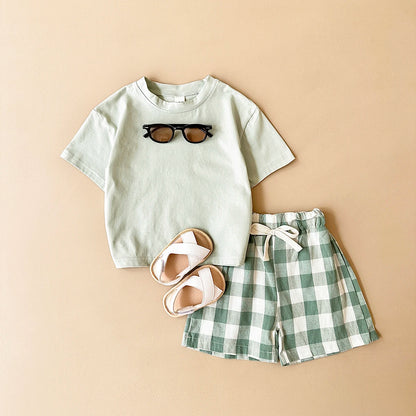 -ベビーセットアップ 2点セット 半袖プリントTシャツ+チェックショートパンツ ダイナソー恐竜プリント【mh0005634】 - mamahalo shop - 半袖セットアップ -  べビー服 - 子供服 - 男の子 - 女の子